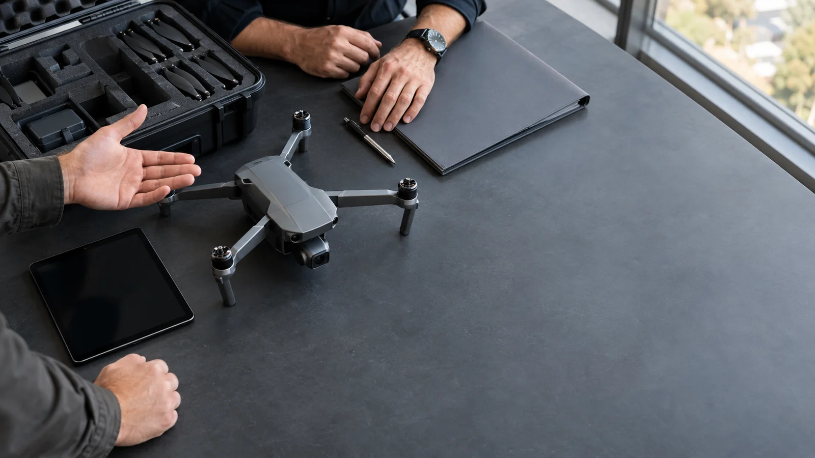Two technicians discuss a propeller-free drone beside a dark tablet, transport case, and folder on a charcoal worktable.
