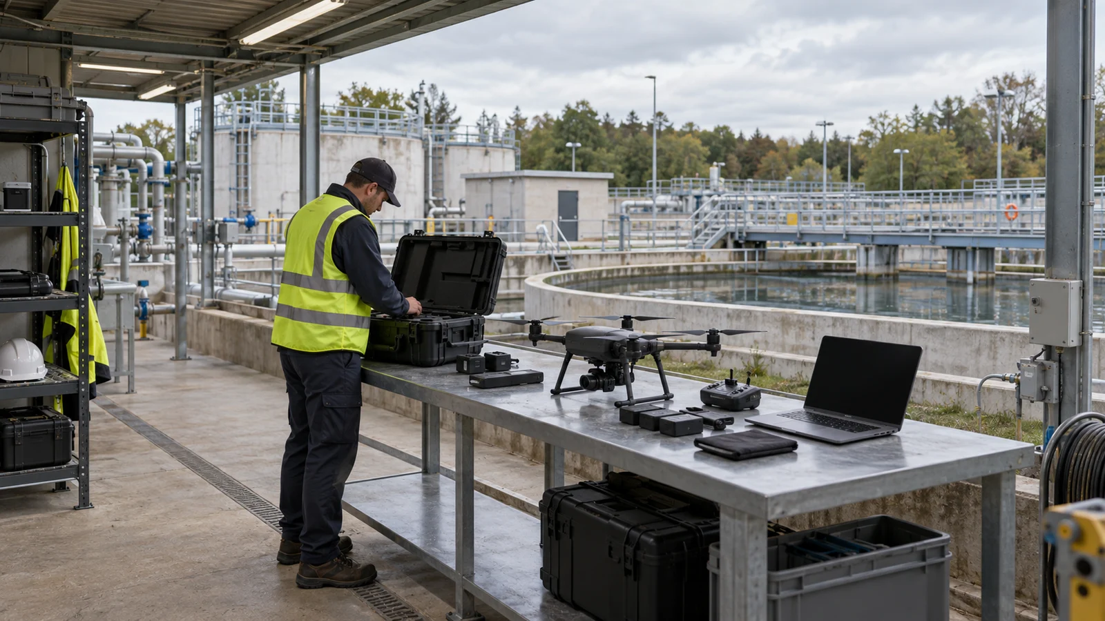 Technician prepares an unbranded drone inspection kit beside a dark-screen laptop at a water-treatment facility.
