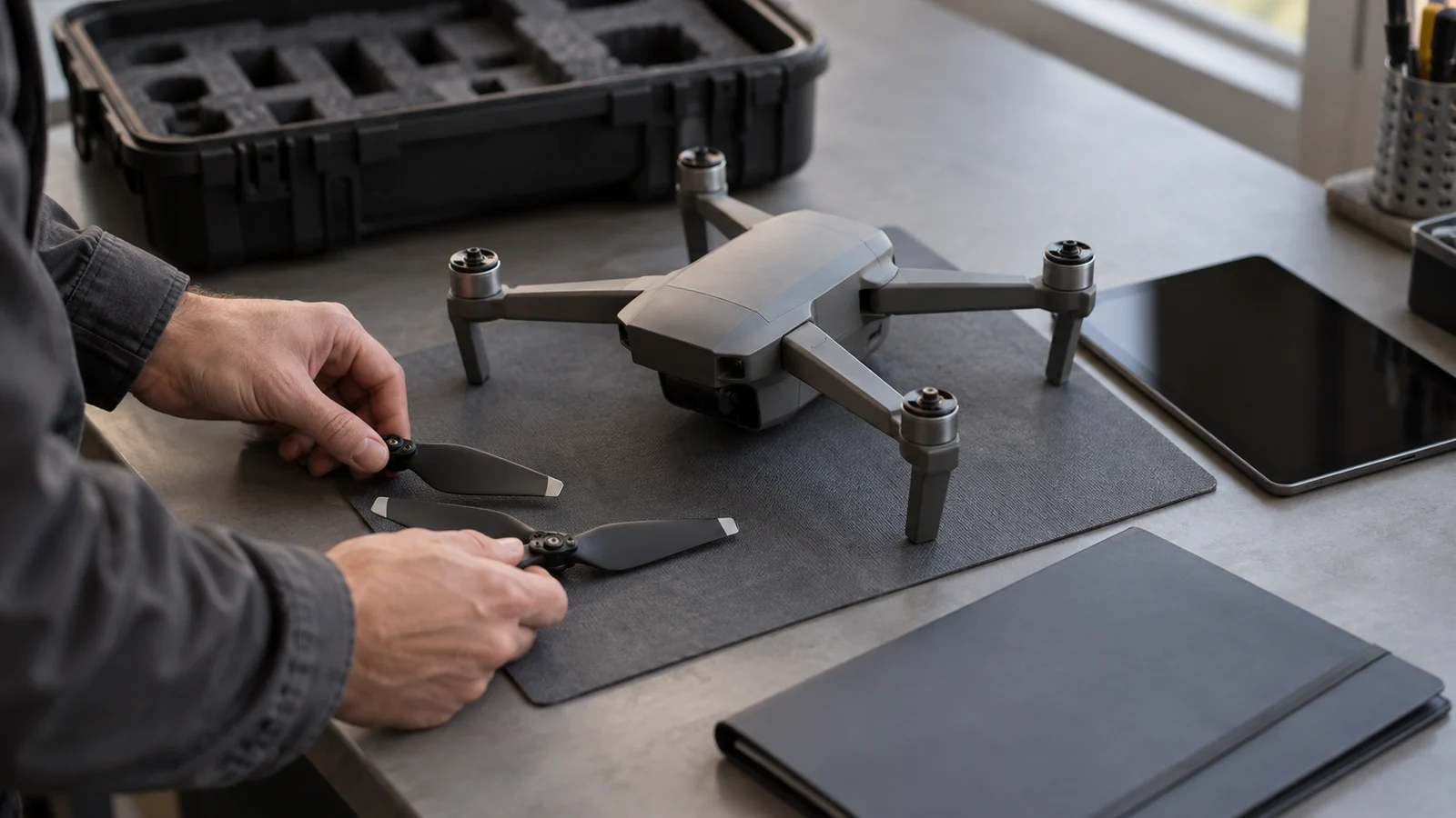 Hands arrange detached propellers beside an unbranded quadcopter, dark tablet, and closed folder on a workshop bench.