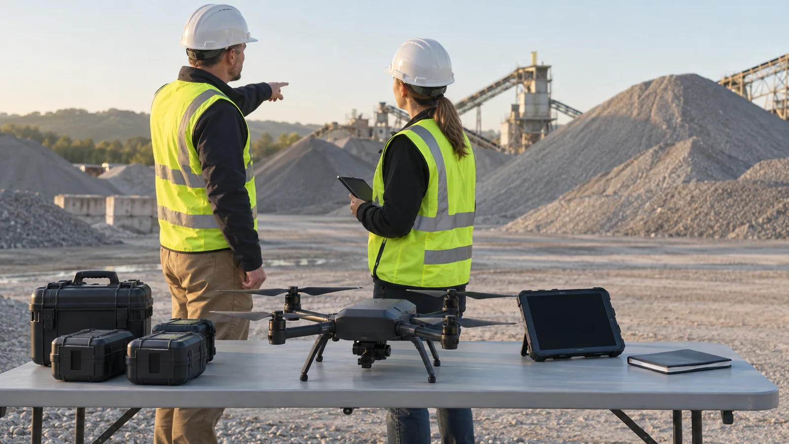 Two survey professionals at an aggregate yard with a grounded drone, equipment cases and a dark tablet on a table in morning light.