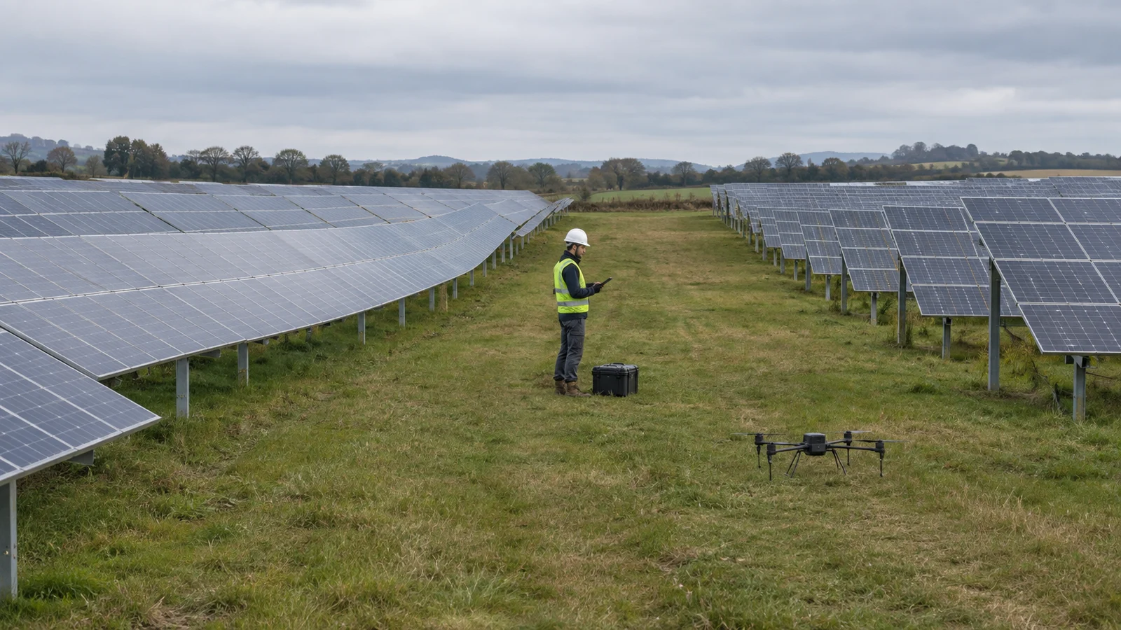 Technician holding a tablet beside a grounded survey drone and equipment case between solar panel rows under an overcast sky.