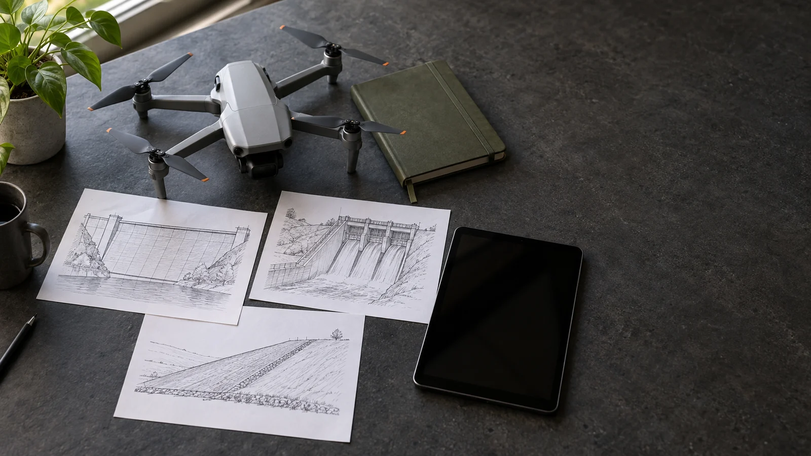 Unbranded drone beside dam, spillway and embankment sketches, a notebook and dark tablet on a charcoal work surface.
