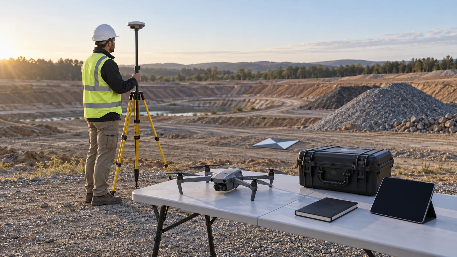 Survey technician beside a tripod at an earthworks site, with a grounded drone, equipment case, notebook and dark tablet in morning light.