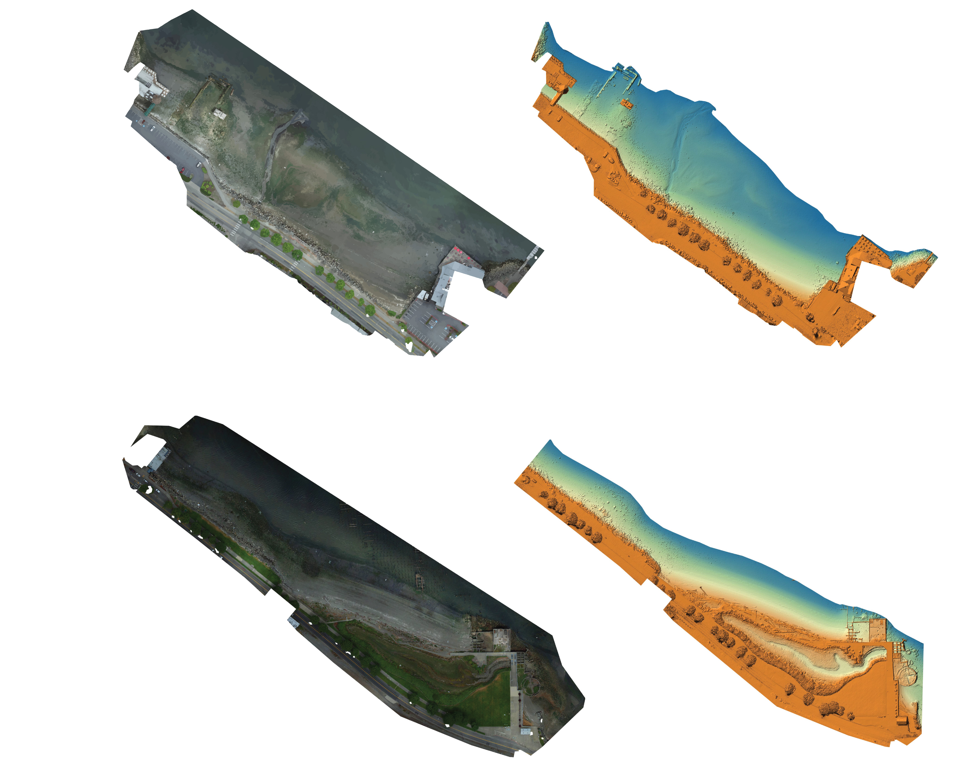 Two coastal sites shown as natural-color orthomosaics in the left column and colored surface models in the right column.