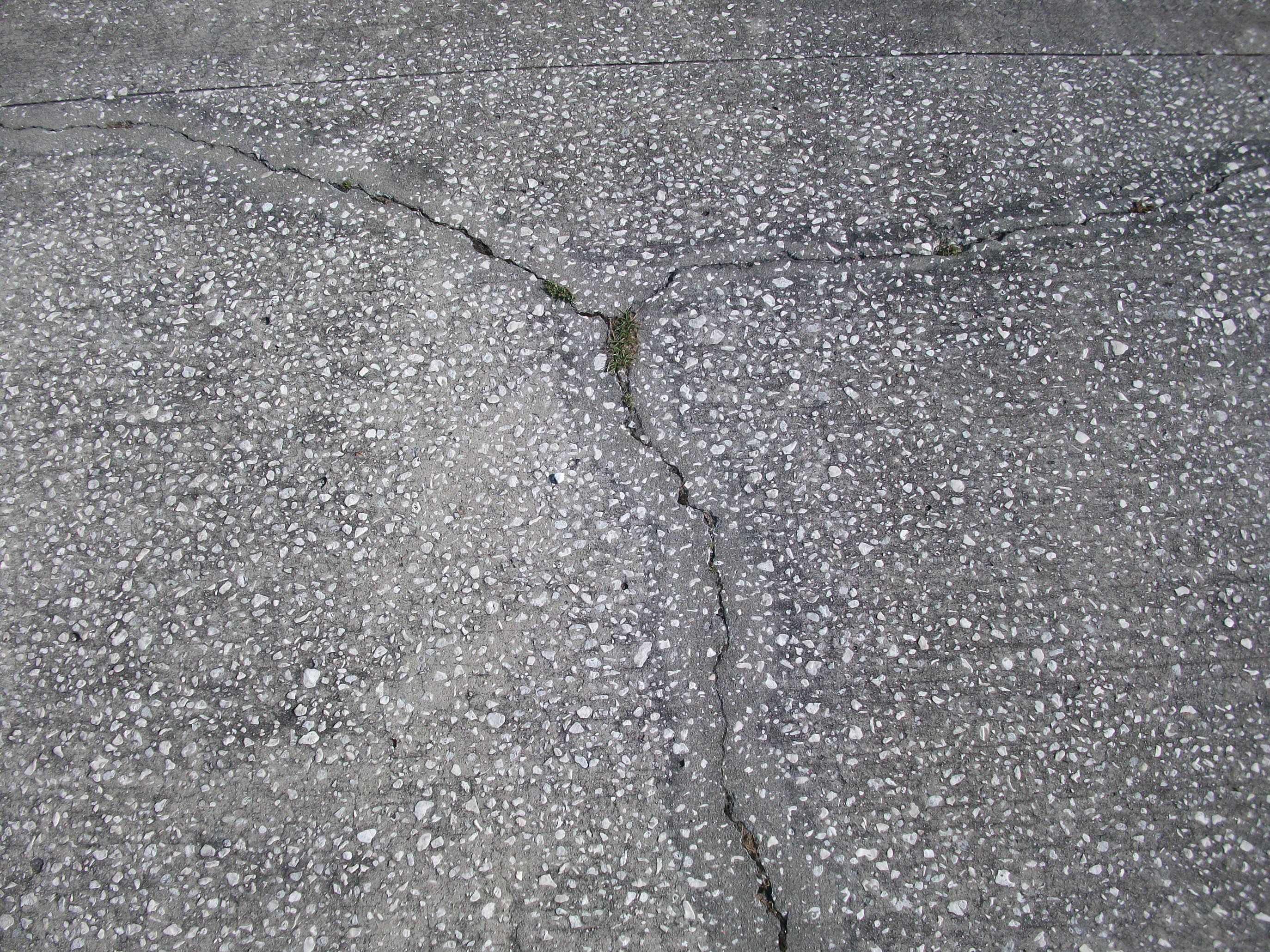 Branching cracks cross a gray concrete surface with exposed aggregate and a straight joint near the top.