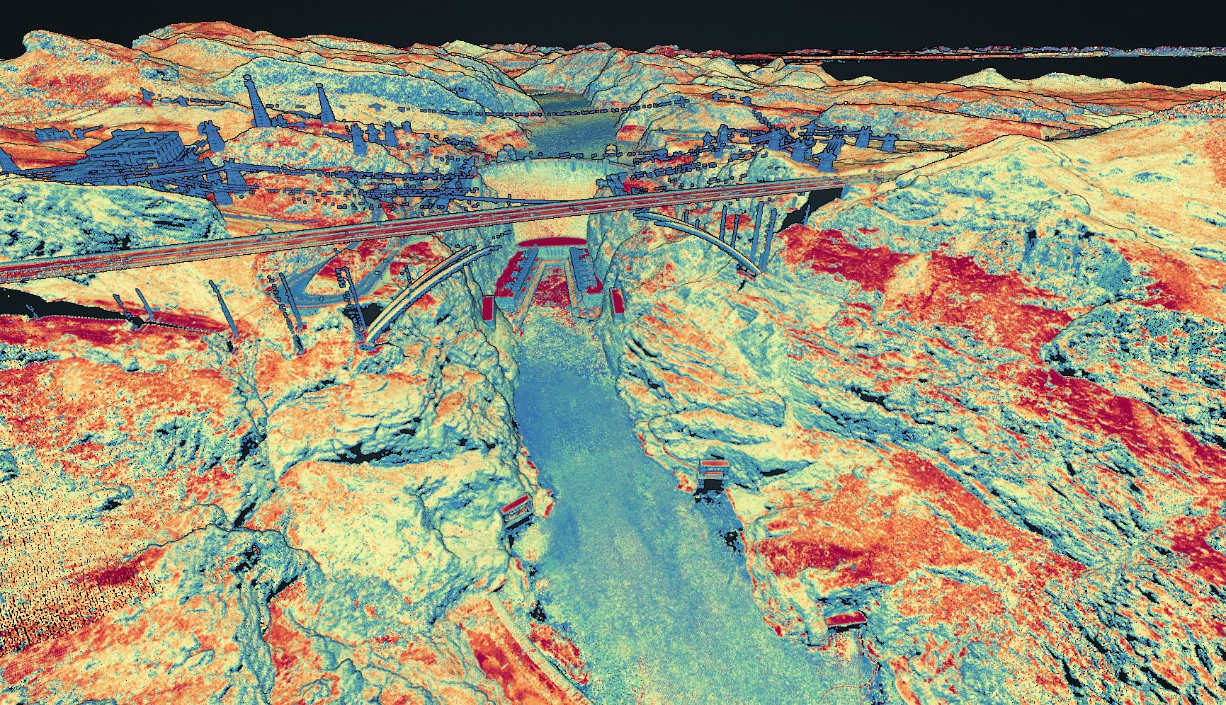 Colored LiDAR point cloud showing Hoover Dam, an arch bridge, and the surrounding canyon terrain.