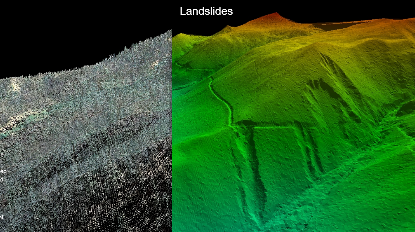 Vegetation-covered lidar point cloud beside a bare-earth terrain model showing landslide features on a hillside