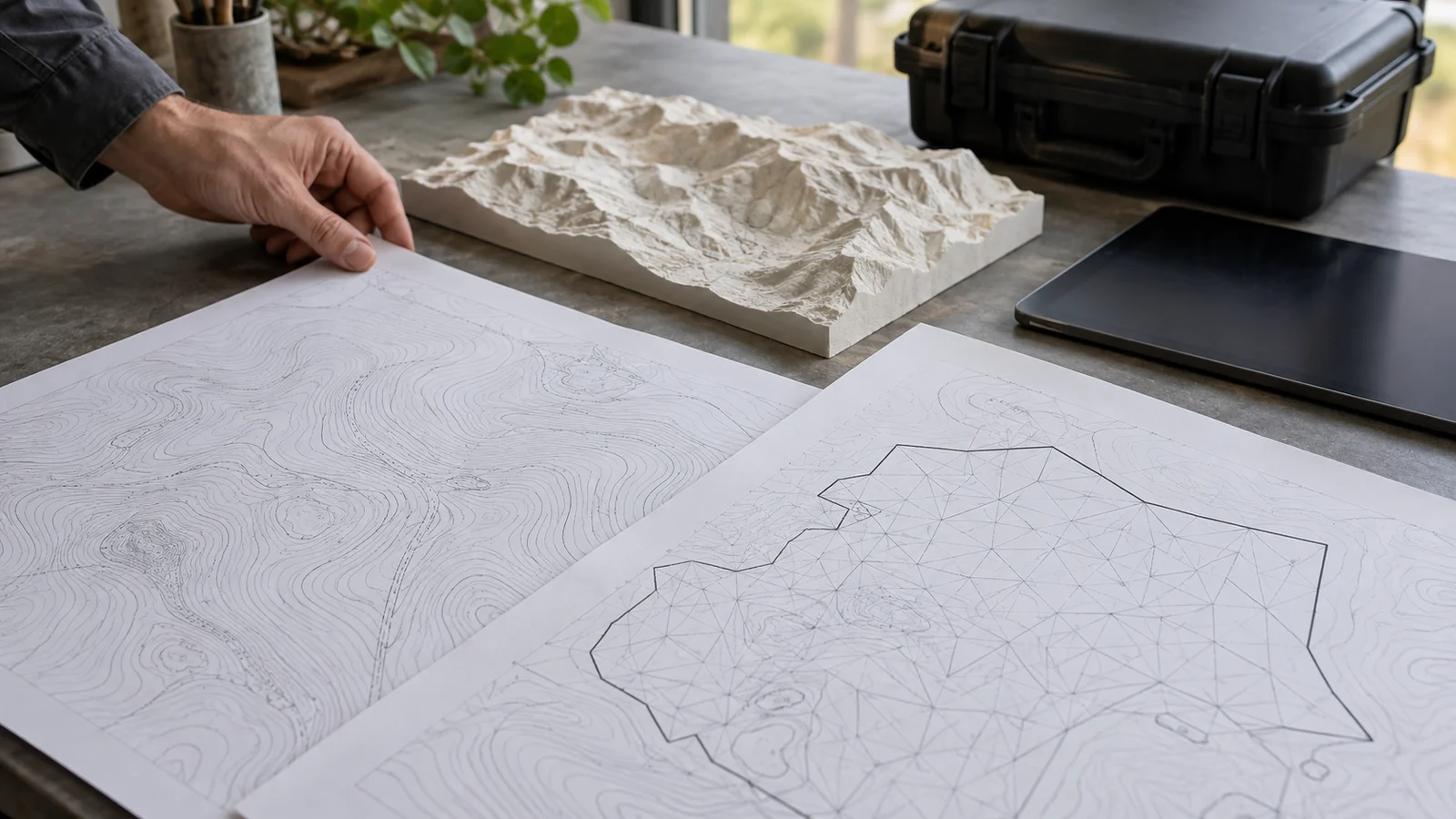A hand arranges contour and triangulated terrain drawings beside a relief model, dark tablet, and equipment case on a workshop table.