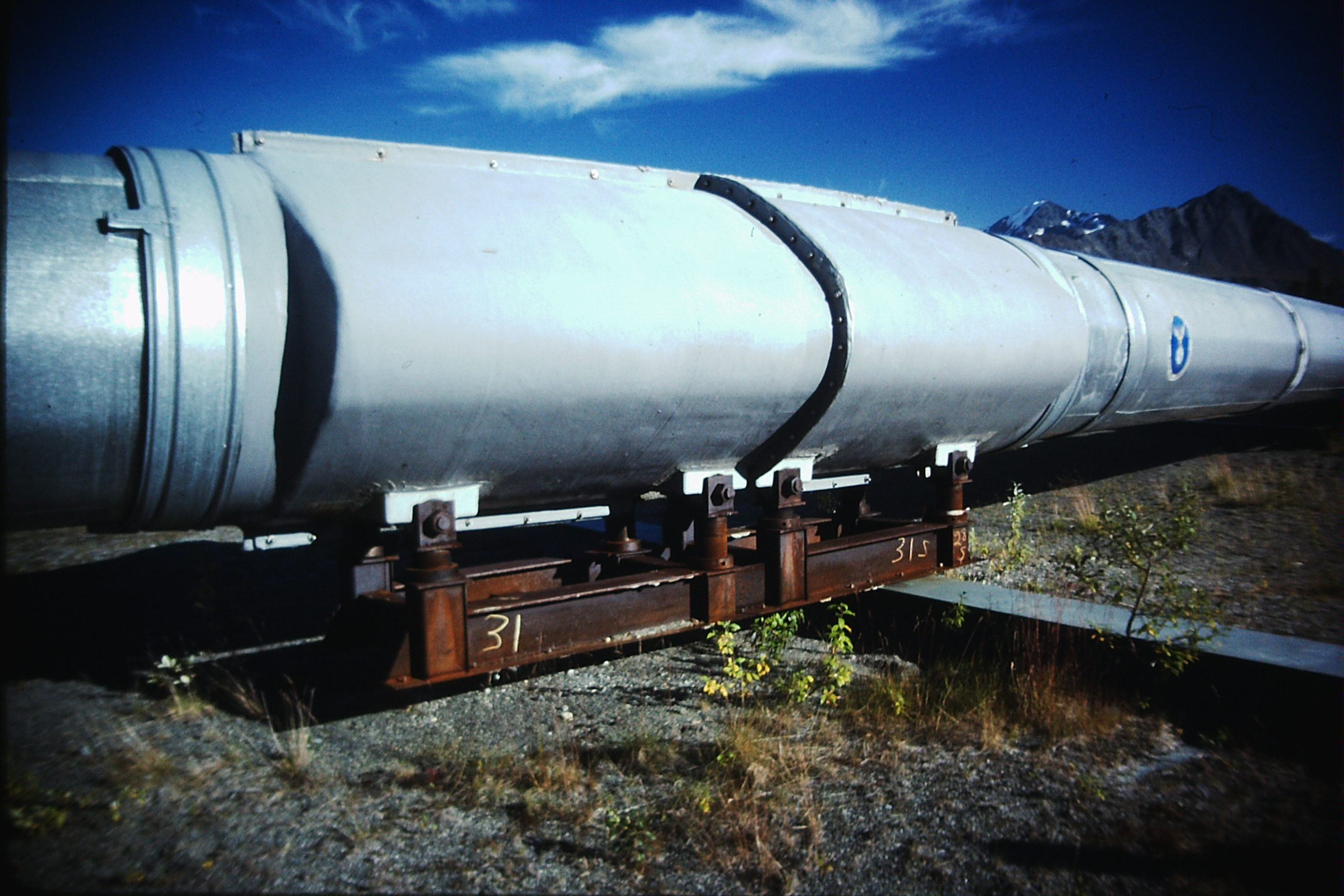Silver above-ground pipeline resting on steel supports, with gravel, sparse vegetation, and mountains behind it.