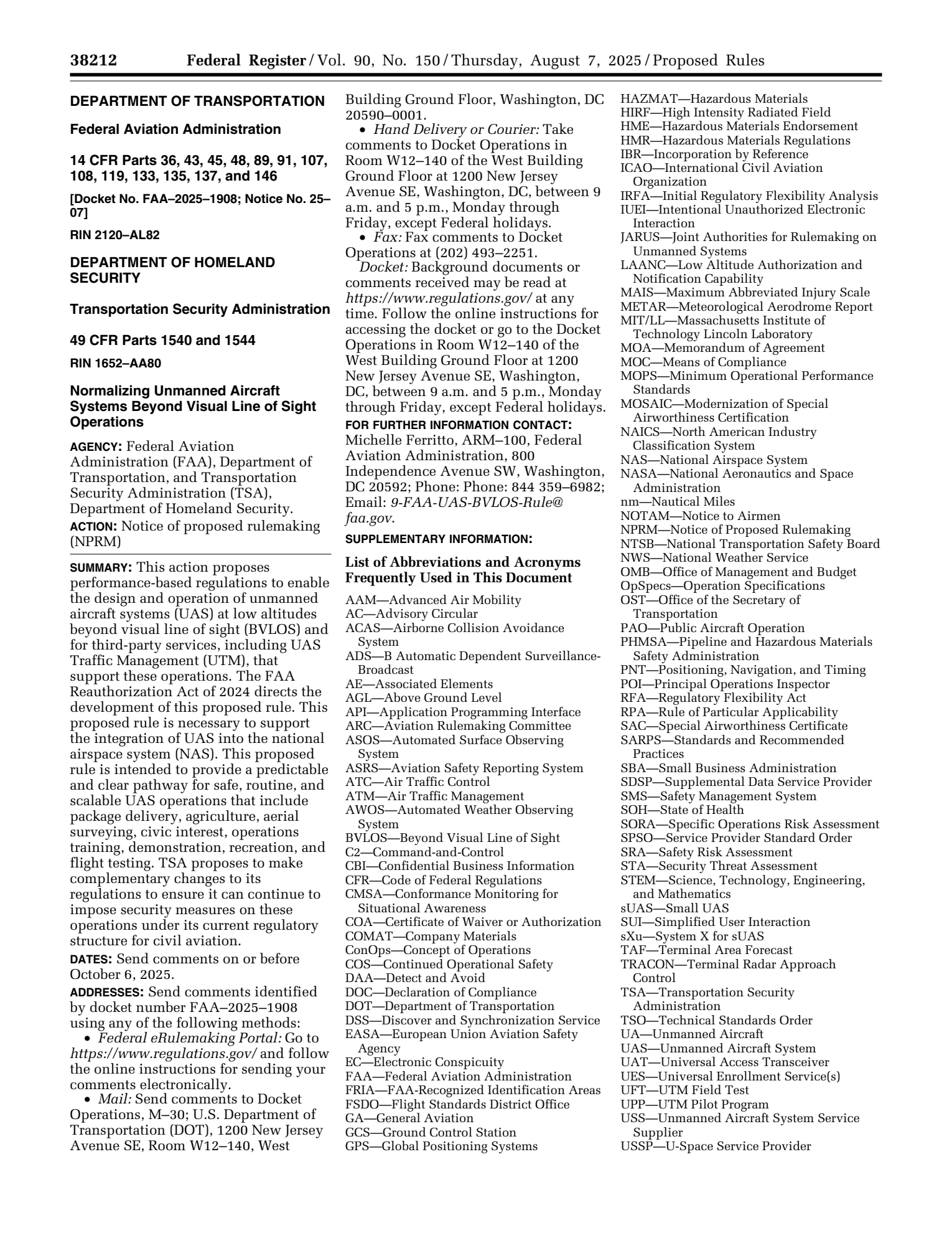 First page of the FAA and TSA proposed BVLOS rule in the Federal Register, showing its agencies, docket number, status, and summary.