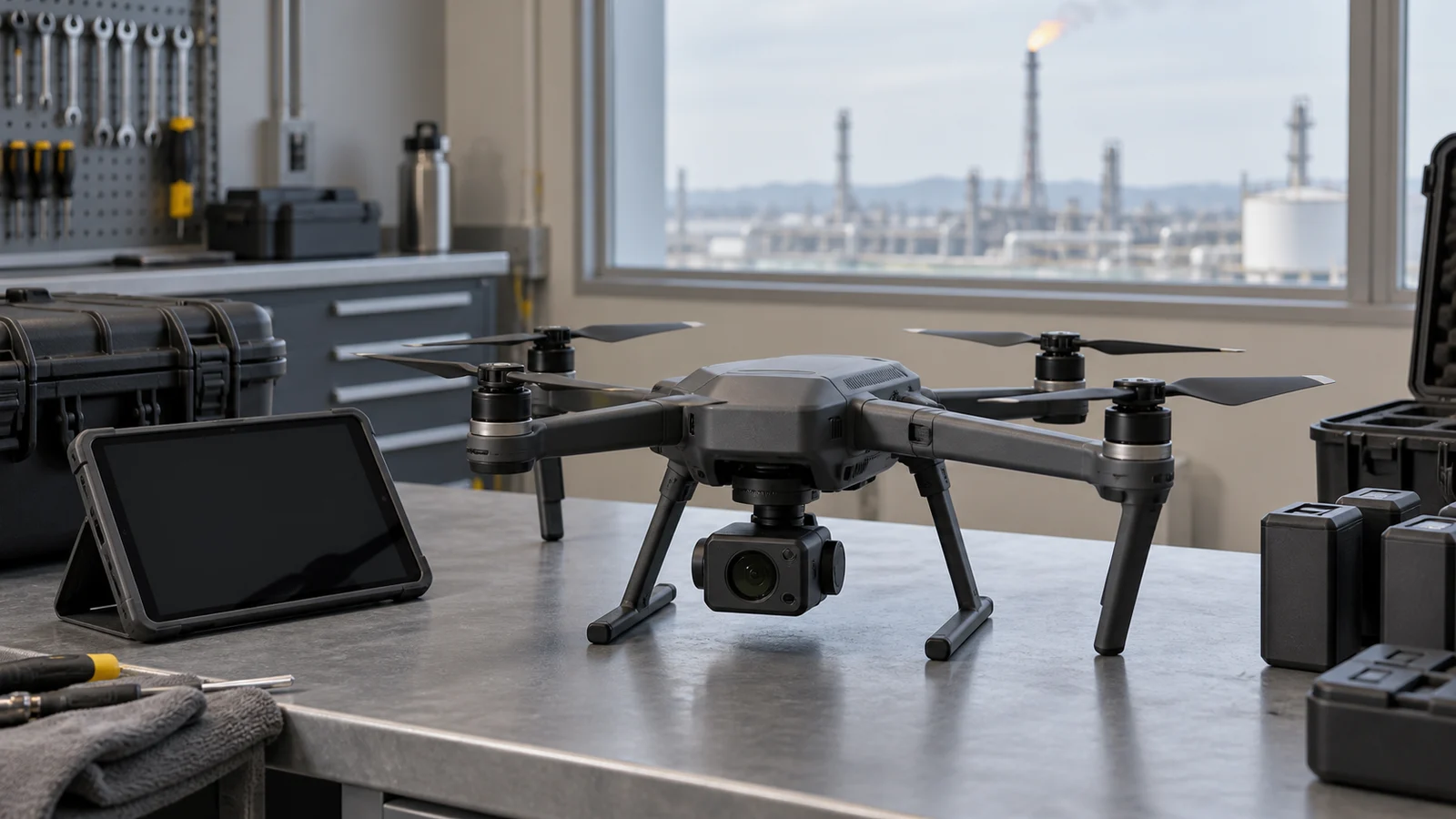 Inspection drone and dark tablet on a workshop bench, with a distant burning flare stack visible through the window.