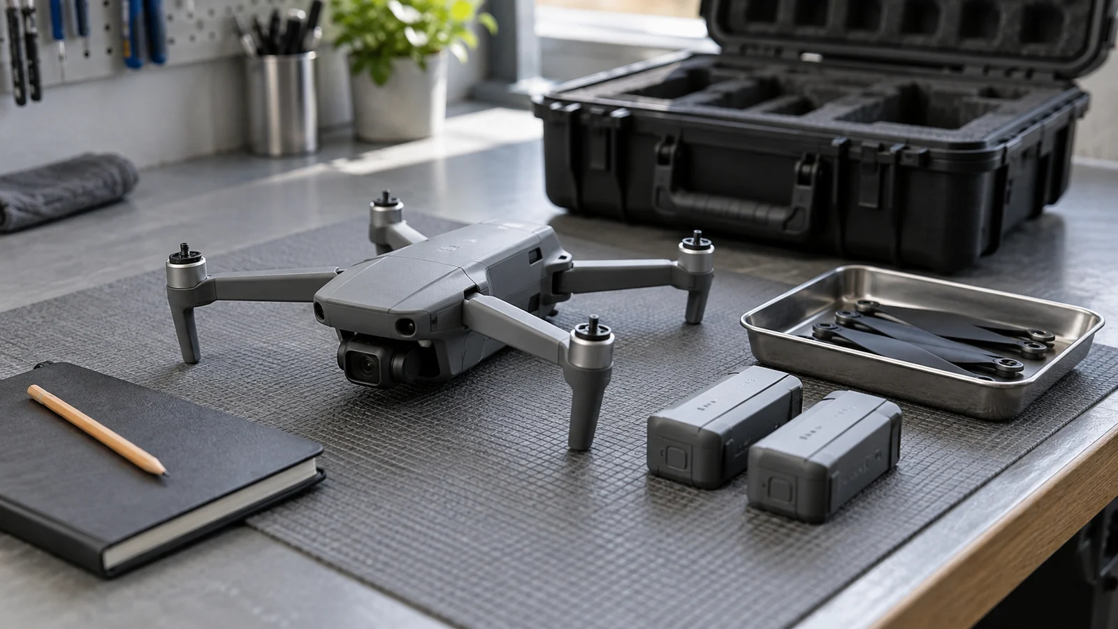 Unbranded drone with propellers removed beside spare batteries, a propeller tray, notebook, and open transport case on a workshop bench.