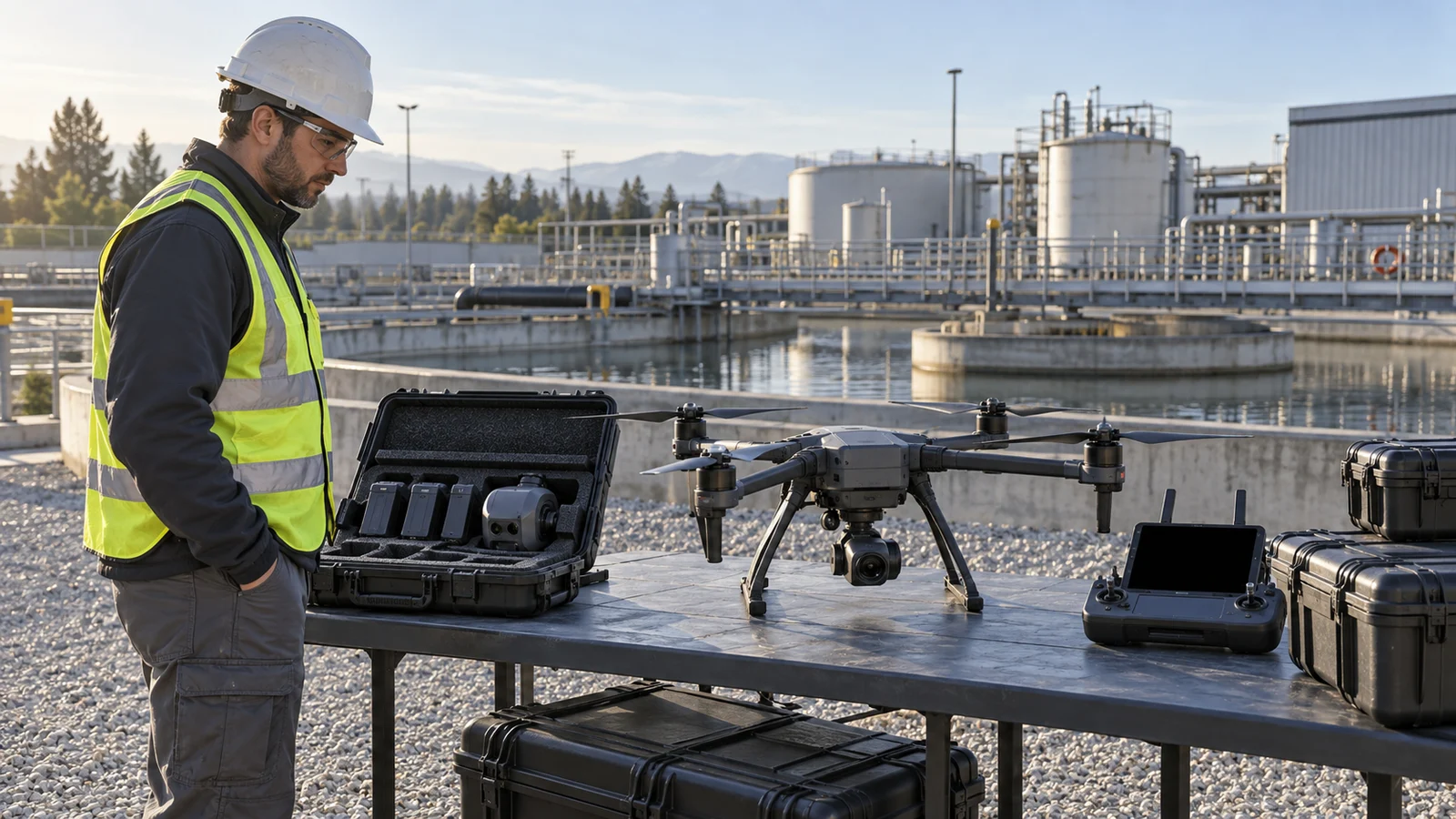 Technician beside an industrial drone, sensor equipment and organized cases on a preparation table at a water-treatment facility.
