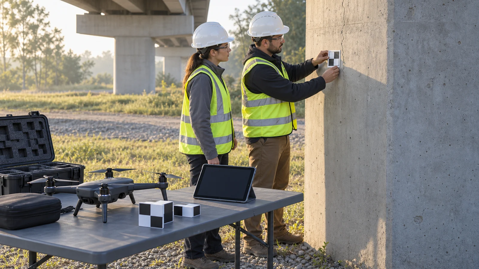 Two inspectors position a reference target beside a concrete bridge crack, with a drone and organized equipment on a foreground table.