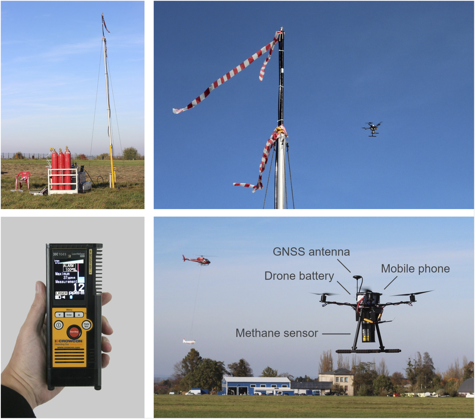 Four photographs show a methane release mast, a drone in flight, a handheld gas detector, and the labeled sensor installation beneath the drone.