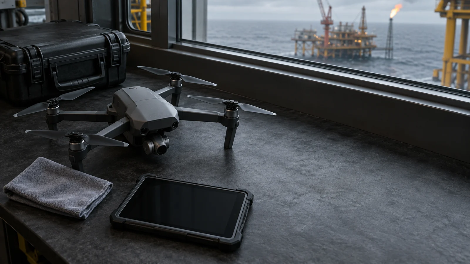 Inspection drone, dark tablet and cleaning cloth on a charcoal workbench beside a window overlooking an offshore platform.