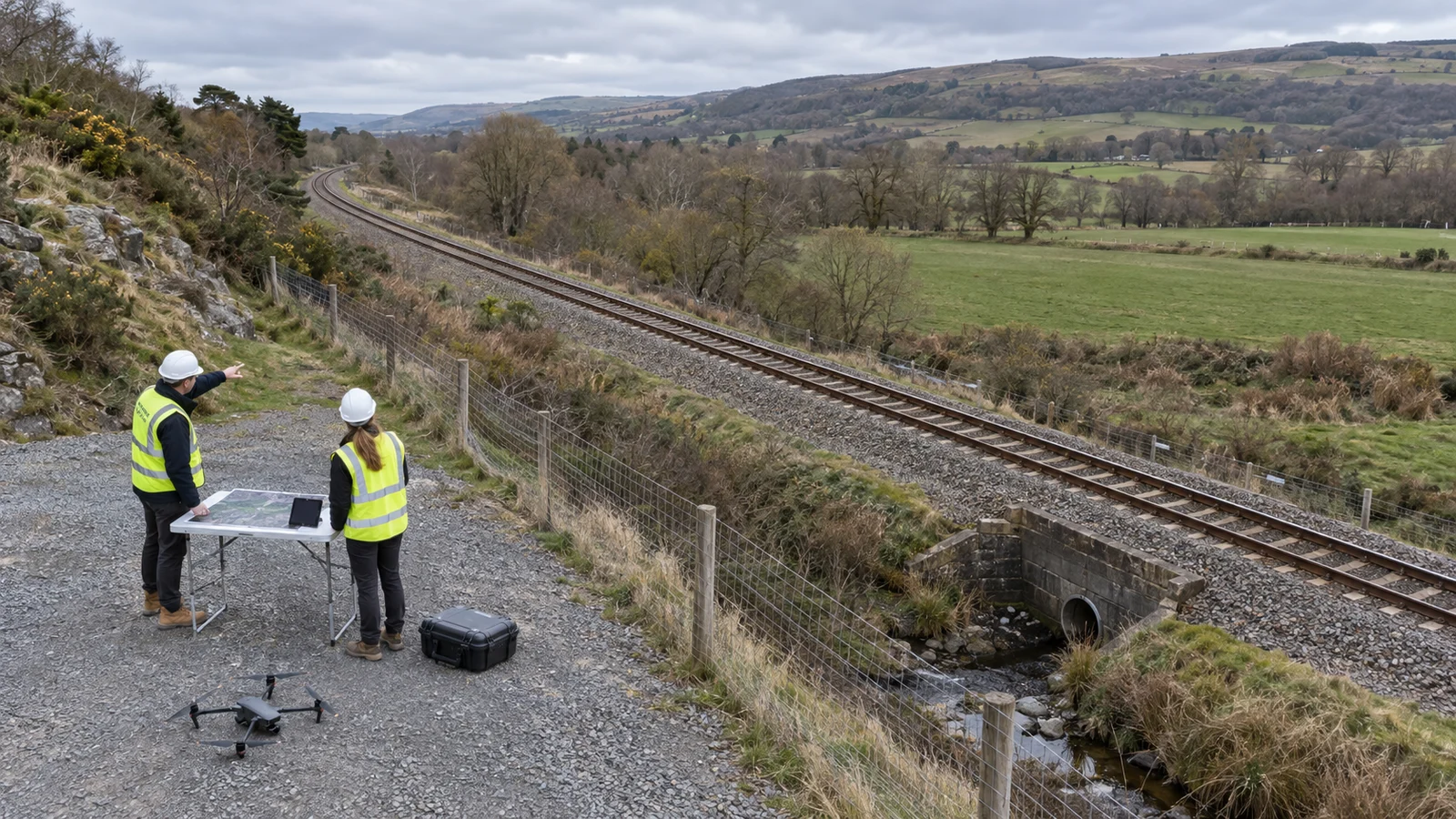 Survey team beside a fenced railway reviews a map, with a grounded drone and equipment near a drainage culvert.