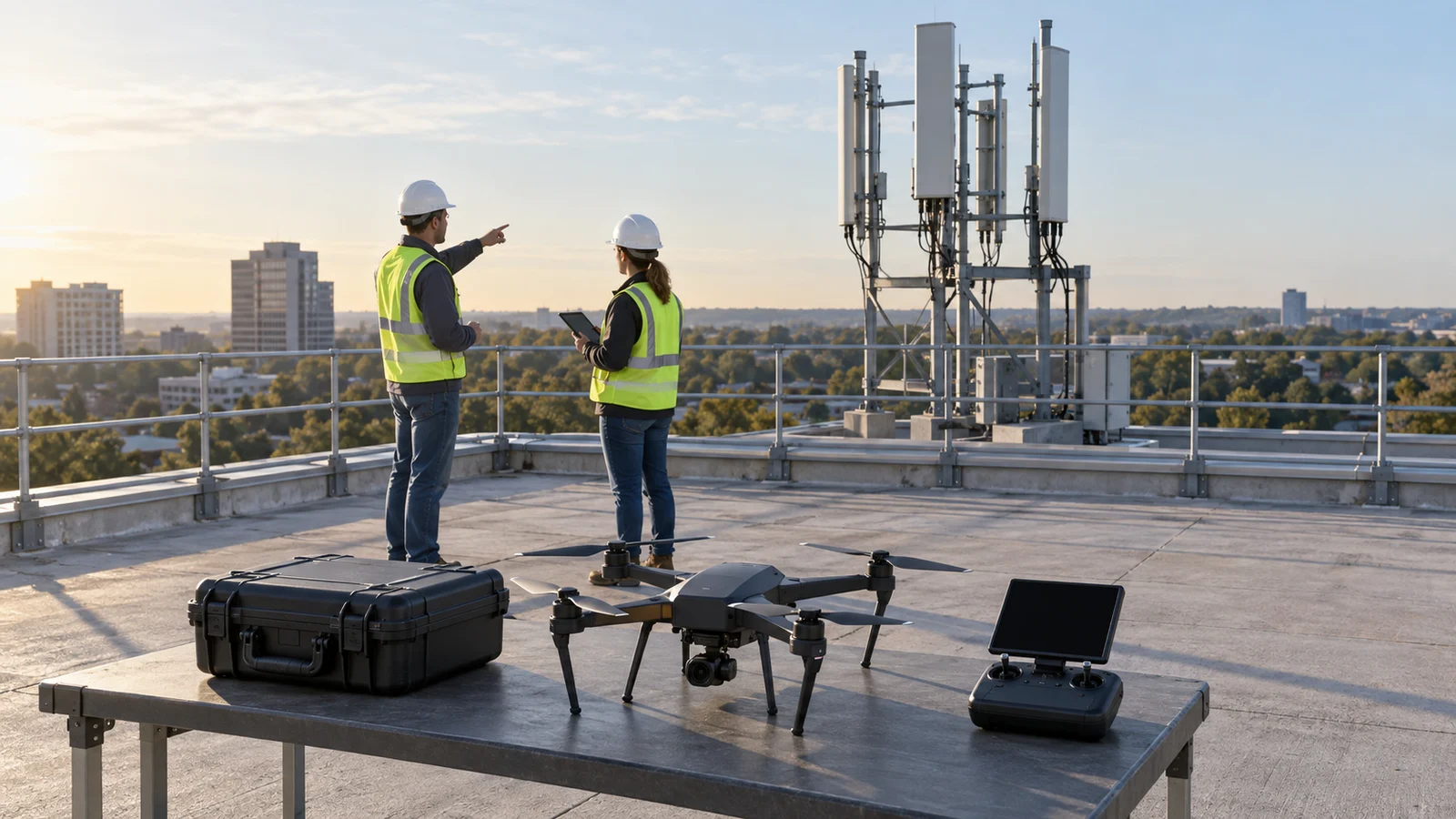 Two technicians survey rooftop telecom antennas at sunrise, with a drone, equipment case, and dark-screen controller arranged on a foreground table.