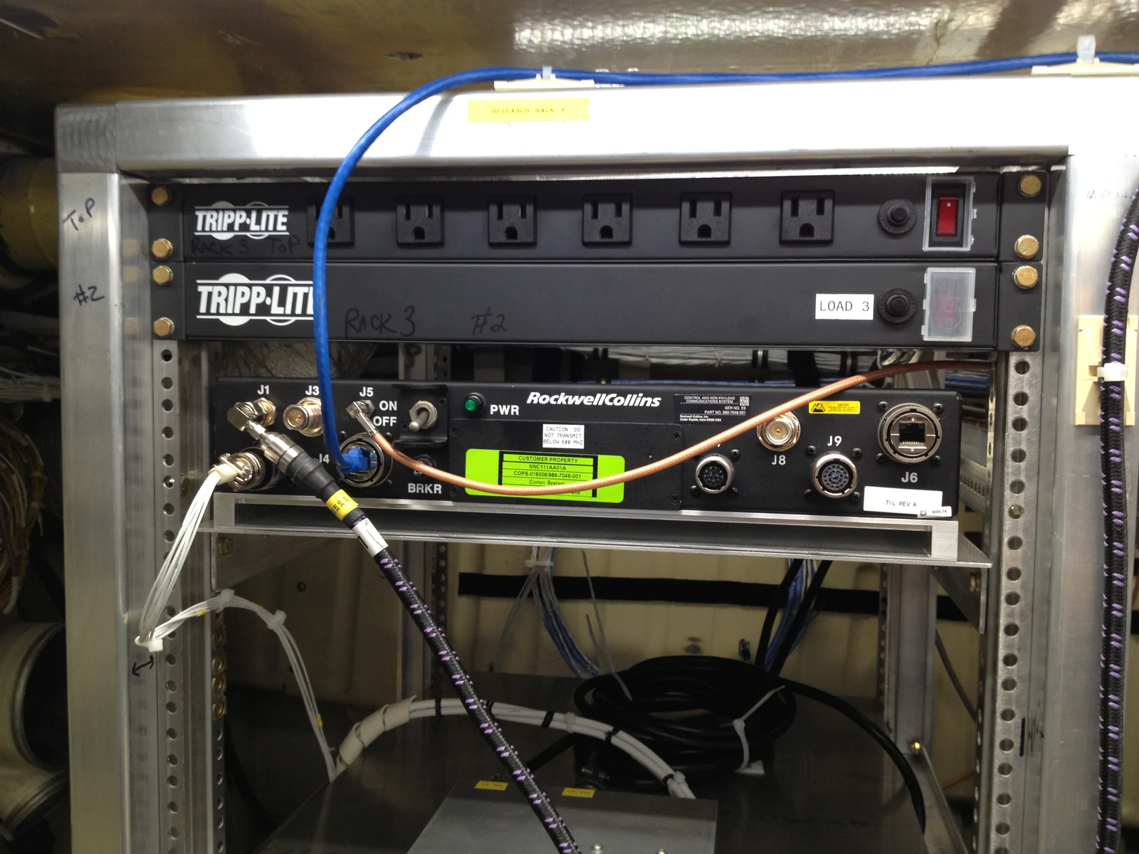 Prototype UAS command-and-control radio mounted in a test rack aboard NASA's S-3 Viking research aircraft.