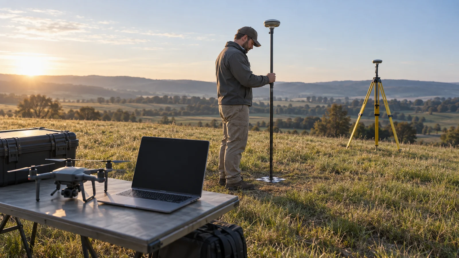 Surveyor positions a GNSS pole on a ground target at sunrise, with a base tripod, grounded drone and dark-screen laptop nearby.